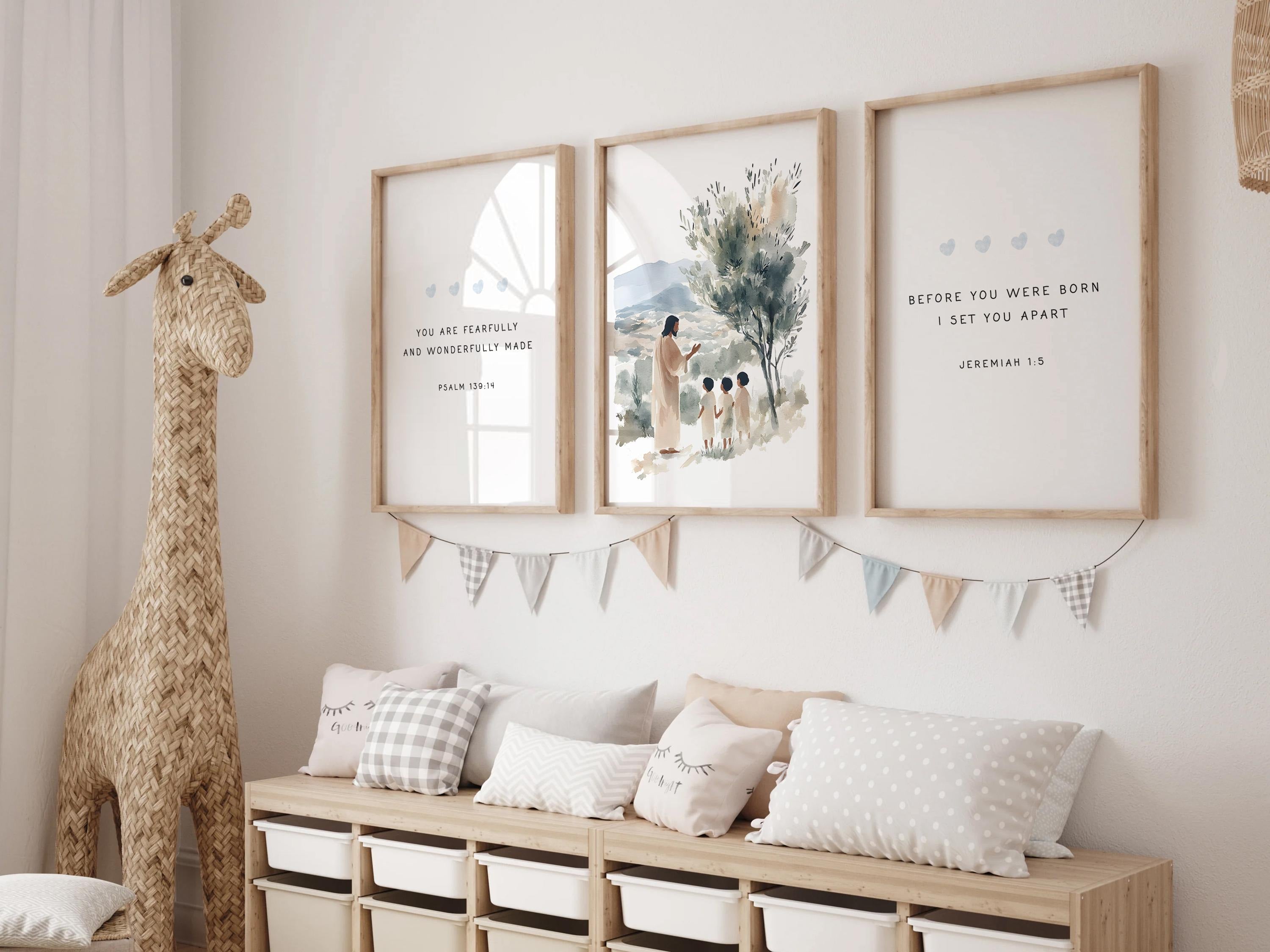 Set of 3 Christian Nursery Print Bible Verse Wall Art Neutral Nursery Decor Jesus Teaching Children Printable Fearfully and Wonderfully Made